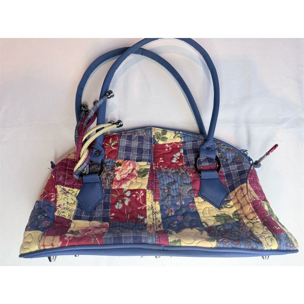 Donna Sharp Quilted Patchwork Dome Satchel Shoulder Bag Floral Plaid Blue